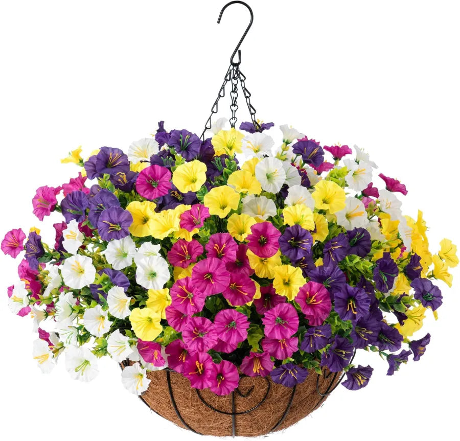 Hanging Artificial Flowers in Wicker Basket Silk Plastic UV-Resistant for Indoor Outdoor Garden Balcony Decoration | Sansoti