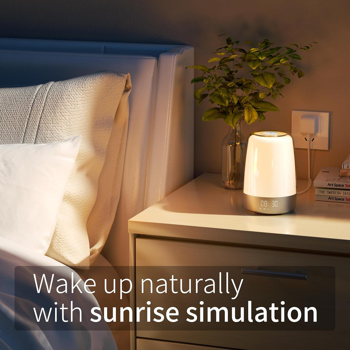 Réveil simulateur d’aube avec sons de la nature, rechargeable par USB-C, veilleuse sans fil, chambre, 20cm | Sansoti