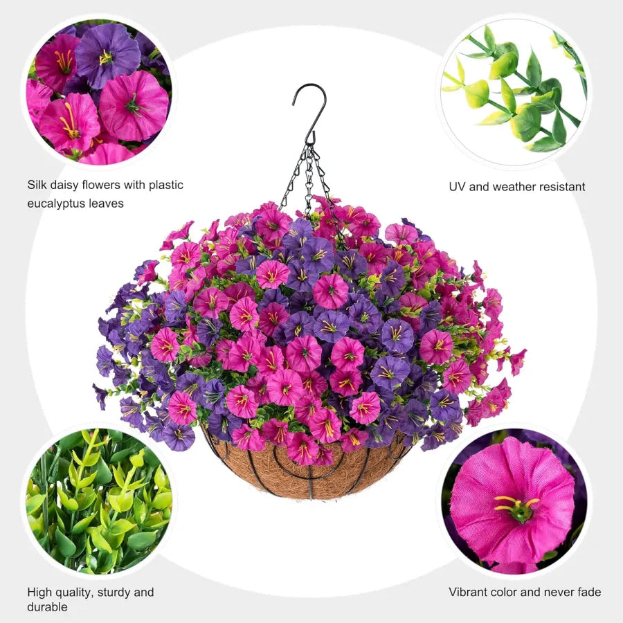 Hanging Artificial Flowers in Wicker Basket Silk Plastic UV-Resistant for Indoor Outdoor Garden Balcony Decoration | Sansoti