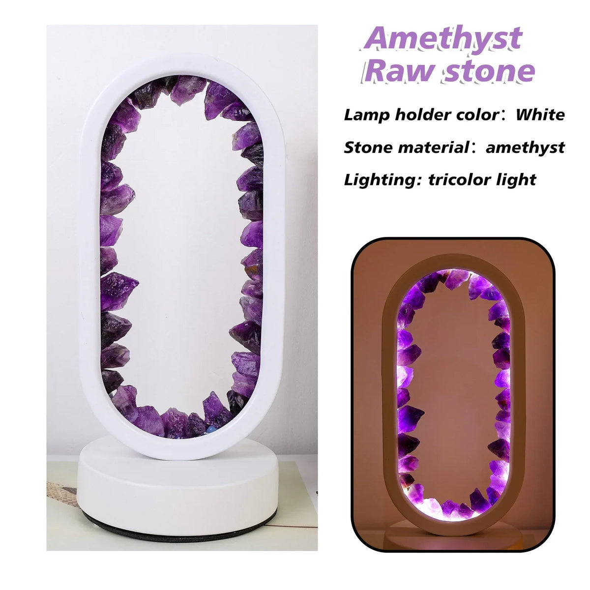 Table Lamp Amethyst Handmade Natural Crystal LED E14 Purple Pink Atmosphere Bedroom Meditation Yoga Relaxing Decoration Inner Peace | Sansoti
