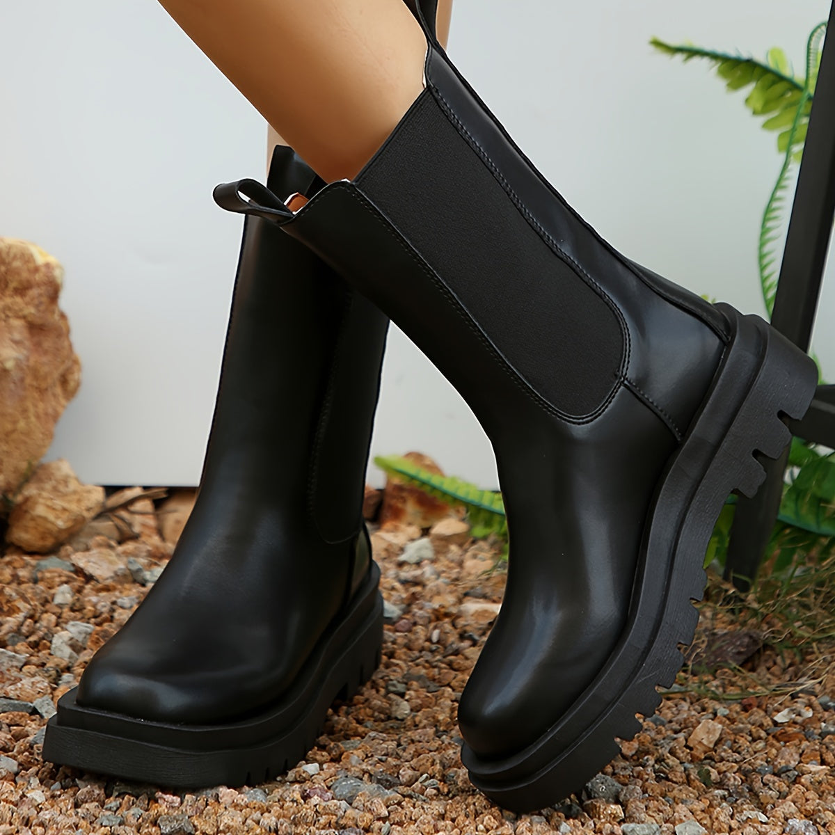 Knee-High Boots Black Women's Elastic Closure Chunky Heel Winter Boots Elegant Riding Boots Comfortable | Sansoti