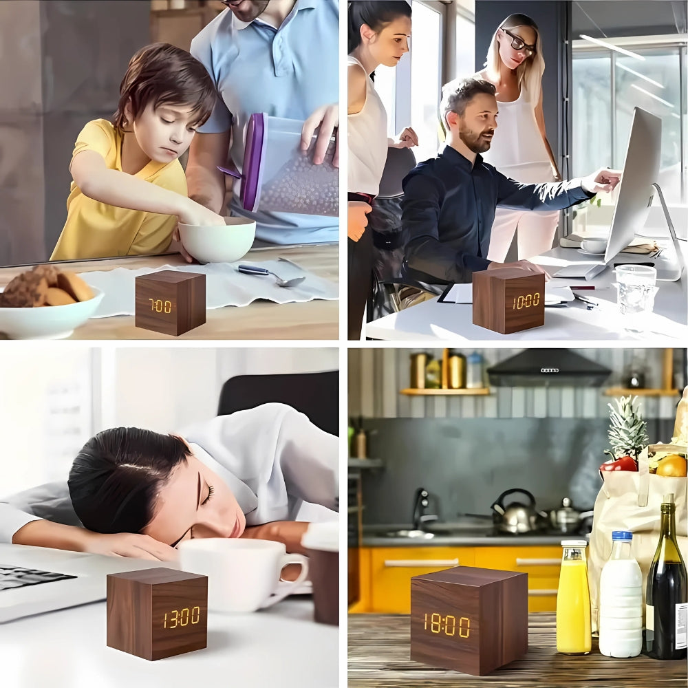 Digital LED Cube Alarm Clock with Temperature Display Wood Finish | Sansoti
