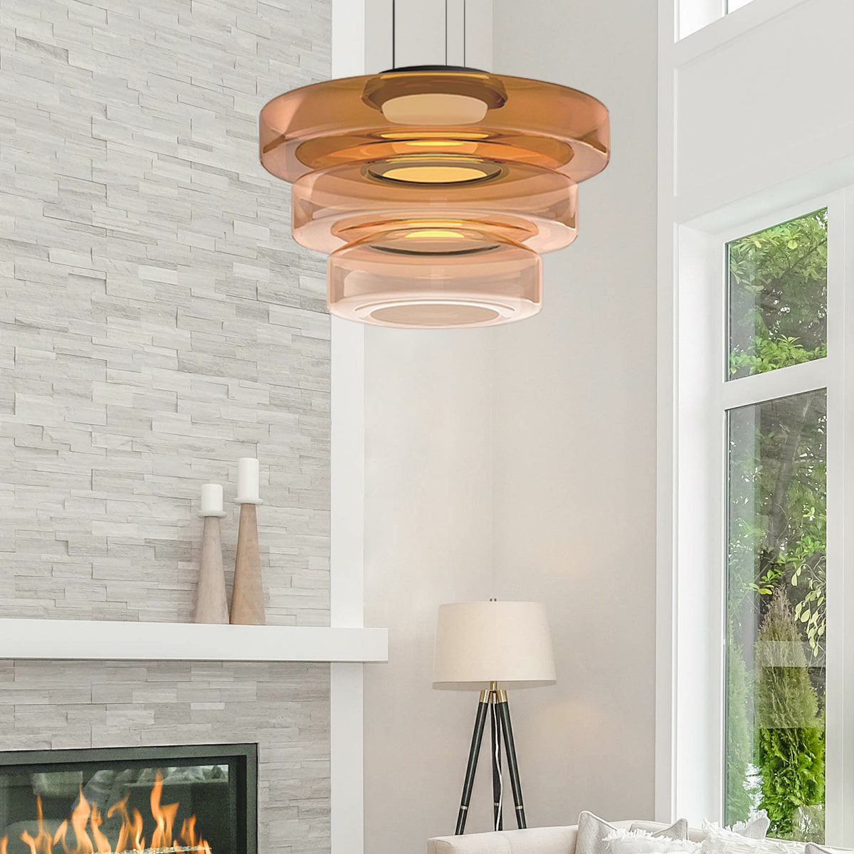 Lámpara colgante de vidrio LED, ámbar, verde y gris, varios niveles, salón, comedor y cocina, plafón moderno, ambiente Bauhaus | Sansoti