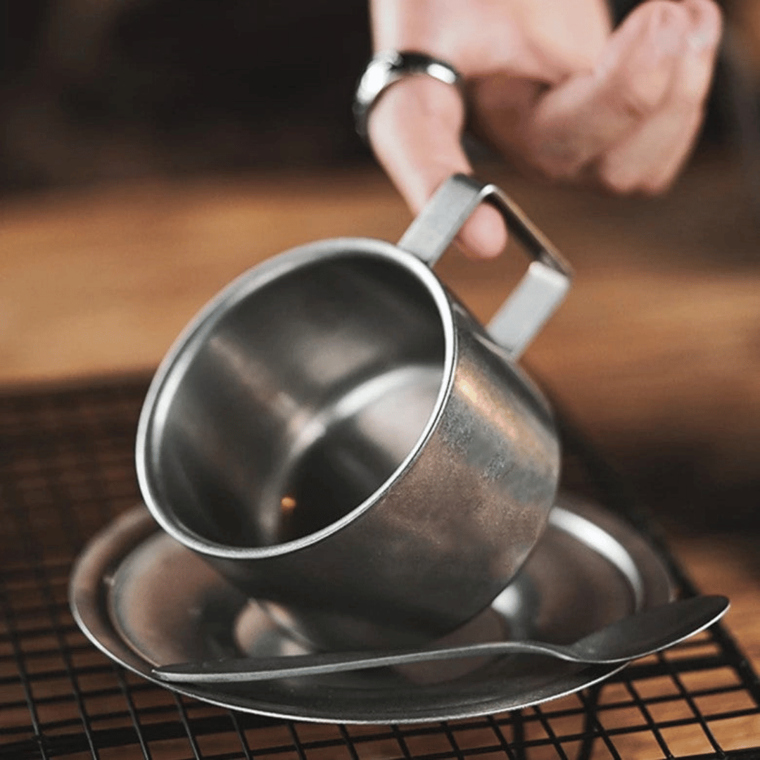 Double-Walled Stainless Steel Coffee Cup with Saucer and Spoon, Vintage-Style Set, 180-280ml Cappuccino Espresso | Sansoti