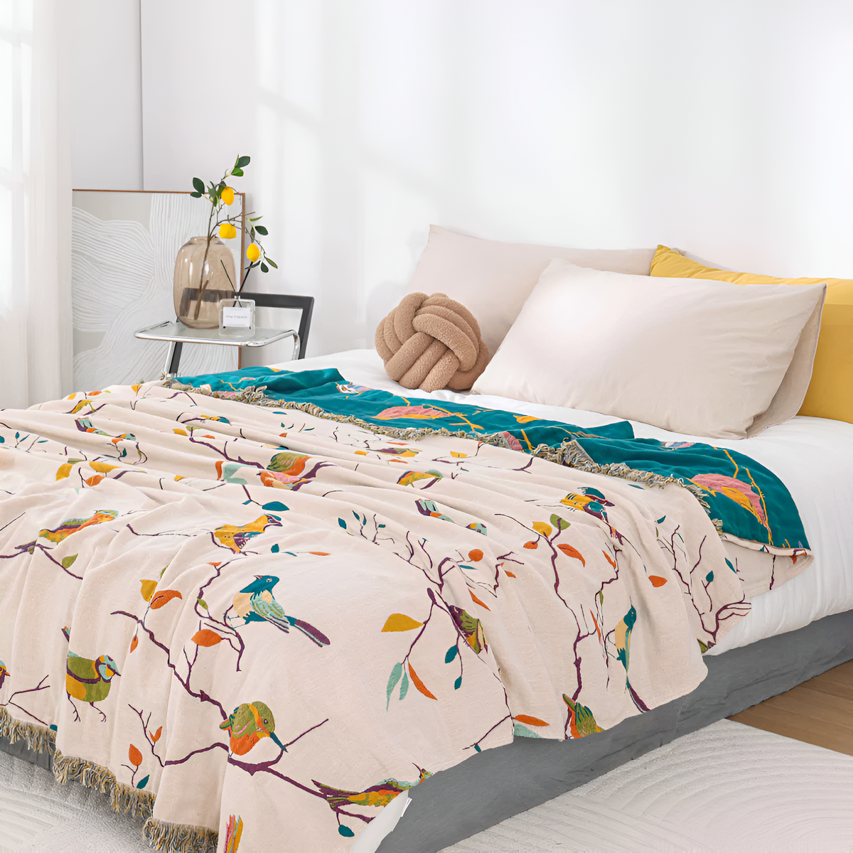 Baumwoll-Plaid mit Vogelmotiv und Quasten – Vintage Boho-Stil Decke für Sofa, Bett oder Picknick | Sansoti