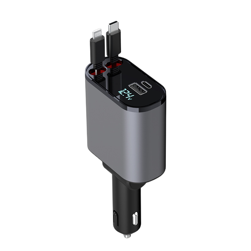 Auto-Schnellladegerät mit einziehbarem Kabel 4-in-1 Type-C Lightning Micro-USB Zigarettenanzünder-Ladegerät 12V 24V Auto | Sansoti