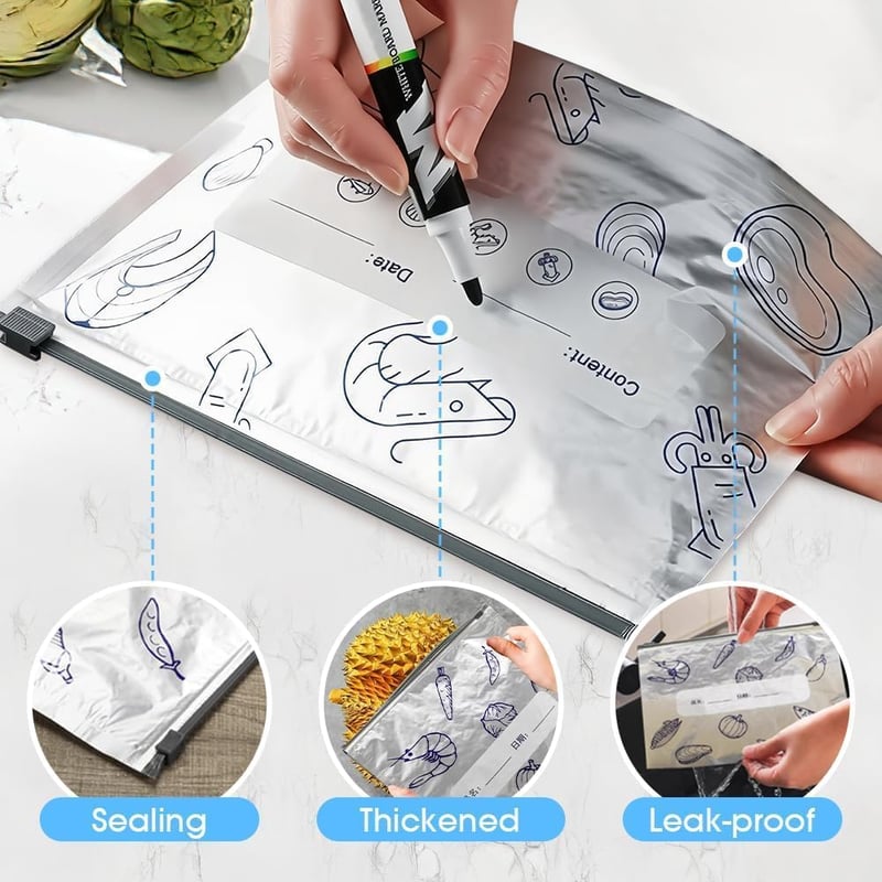 Sachets de conservation réutilisables en aluminium 20 pièces jusqu'à 200x lavables Hermétiques Compatible congélation Zone pour écrire Petit Moyen Grand Sans BPA Durable | Sansoti