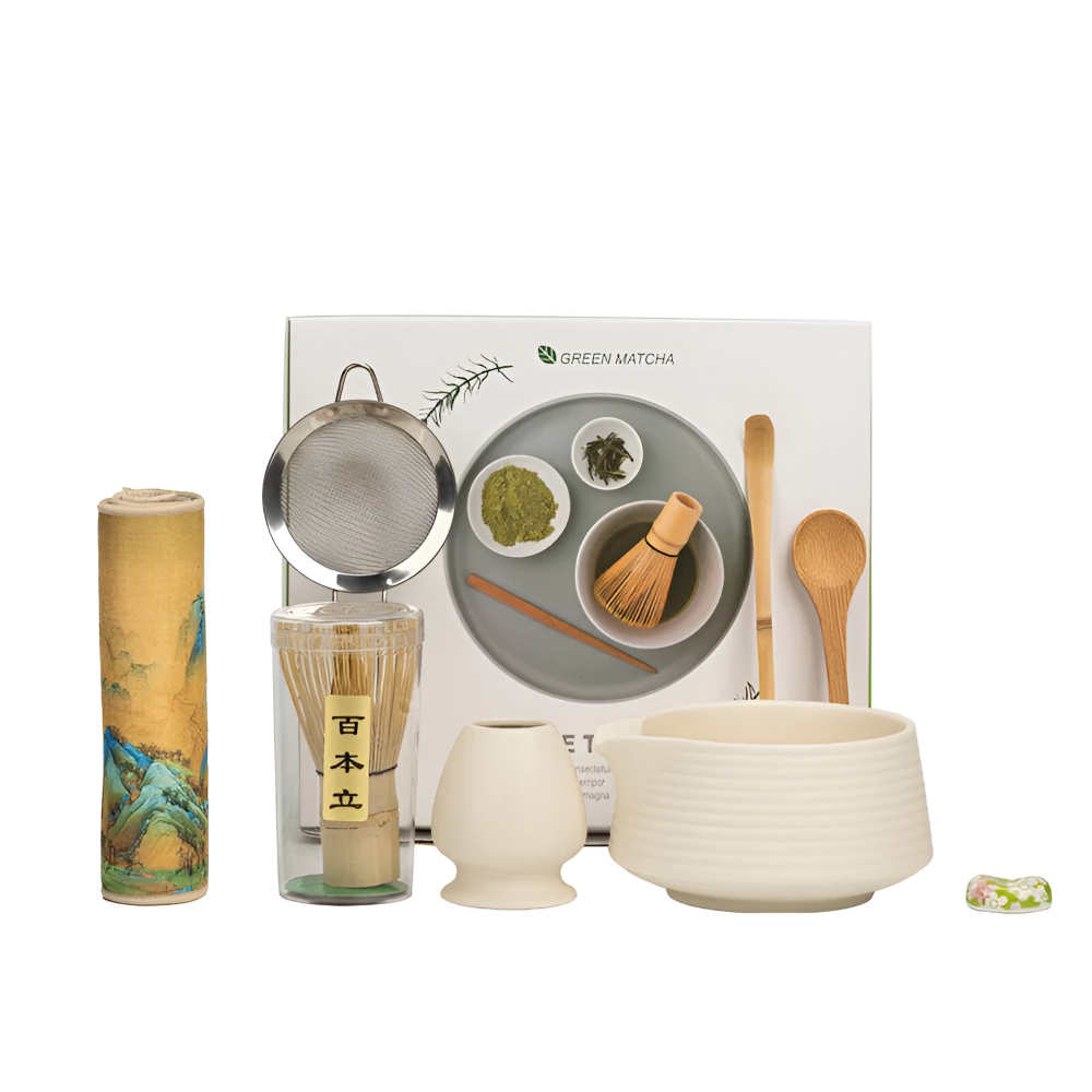Matcha Tea Ceremony Set 8-Piece Ceramic & Bamboo 500ml Bowl with Whisk Sieve Spoons Tea Towel Holders Authentic | Sansoti