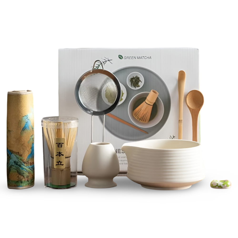 Matcha-Zeremonie-Set, 8-teilig, Keramik & Bambus, 500-ml-Schale mit Besen, Sieb, Löffeln, Geschirrtuch und Halterungen, authentisch | Sansoti