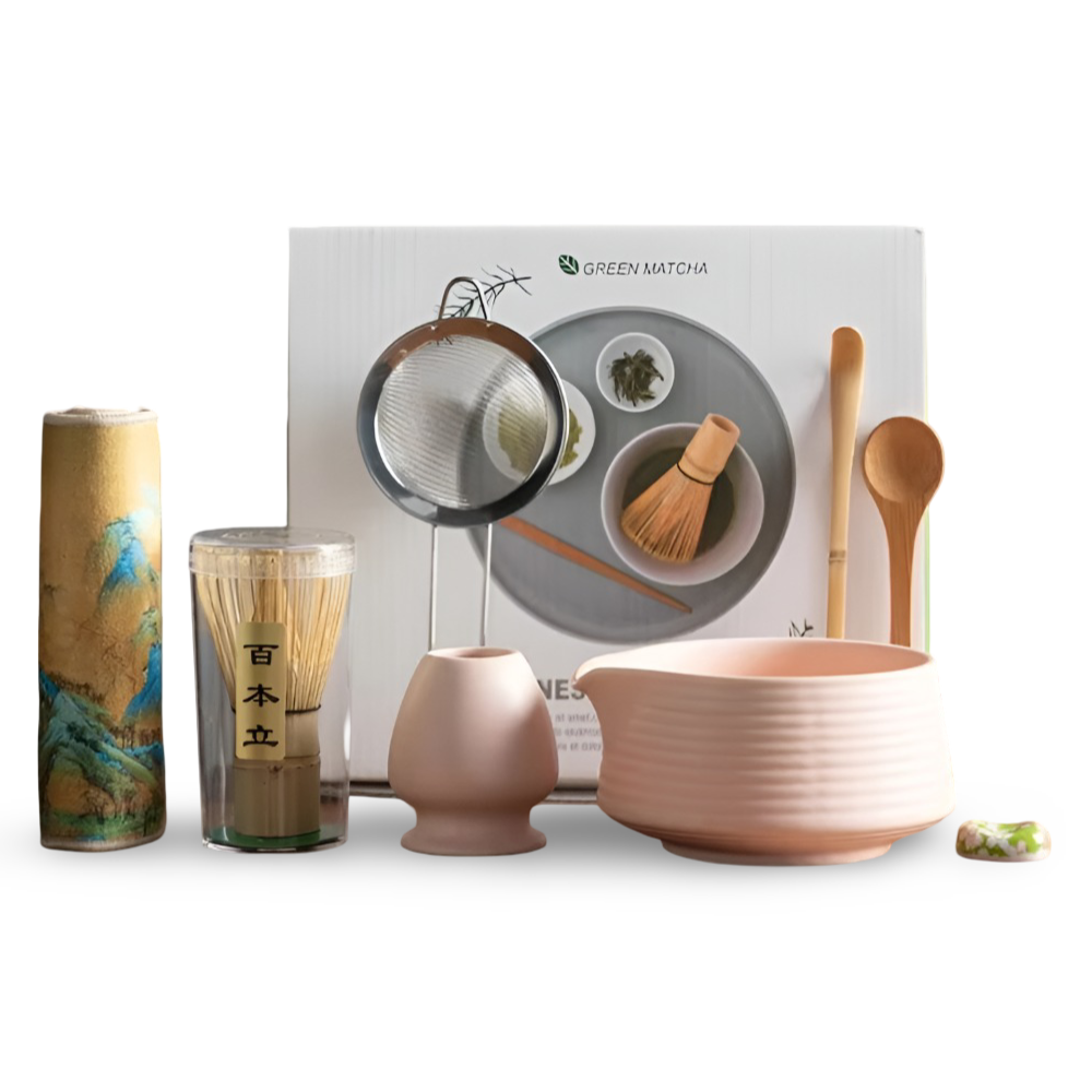 Matcha-Zeremonie-Set, 8-teilig, Keramik & Bambus, 500-ml-Schale mit Besen, Sieb, Löffeln, Geschirrtuch und Halterungen, authentisch | Sansoti
