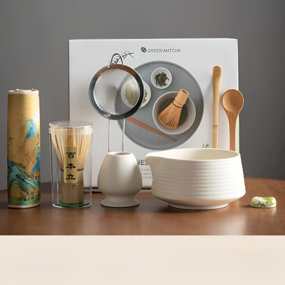 Matcha Tea Ceremony Set 8-Piece Ceramic & Bamboo 500ml Bowl with Whisk Sieve Spoons Tea Towel Holders Authentic | Sansoti