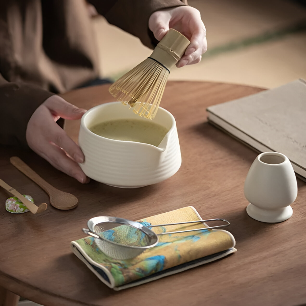 Matcha Tea Ceremony Set 8-Piece Ceramic & Bamboo 500ml Bowl with Whisk Sieve Spoons Tea Towel Holders Authentic | Sansoti
