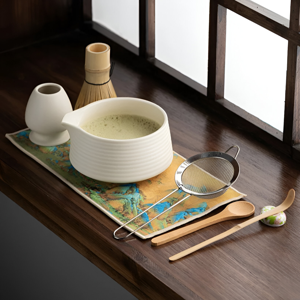 Matcha Tea Ceremony Set 8-Piece Ceramic & Bamboo 500ml Bowl with Whisk Sieve Spoons Tea Towel Holders Authentic | Sansoti