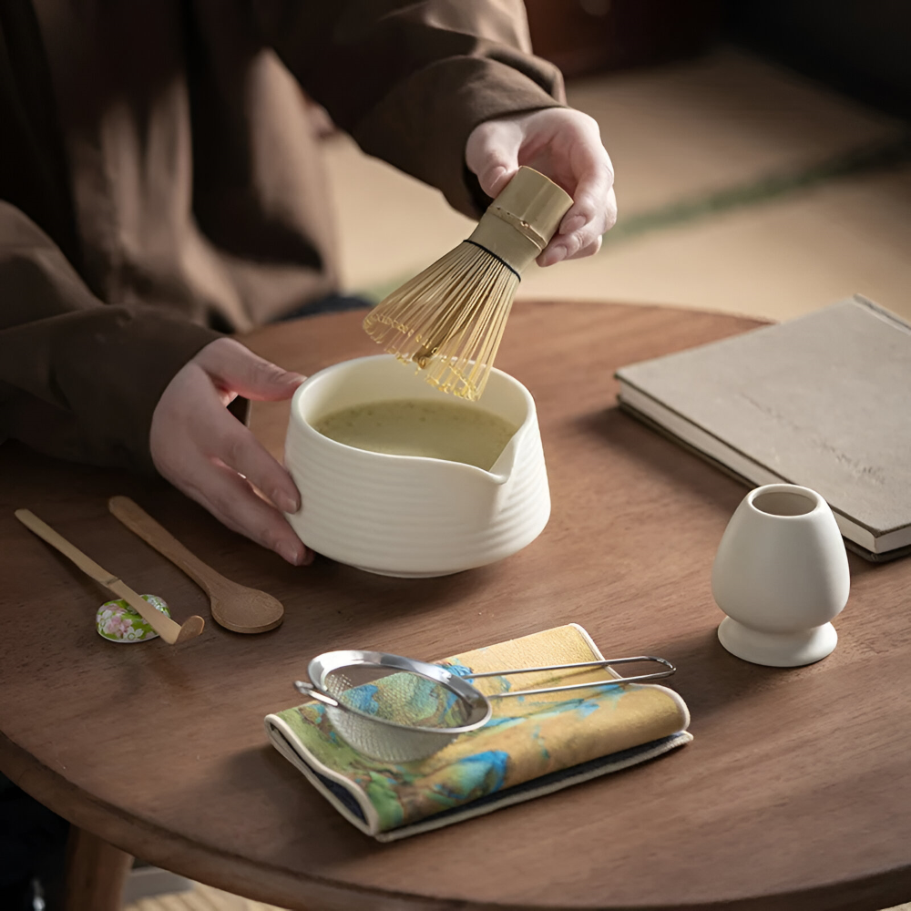 Matcha Tea Ceremony Set 8-Piece Ceramic & Bamboo 500ml Bowl with Whisk Sieve Spoons Tea Towel Holders Authentic | Sansoti