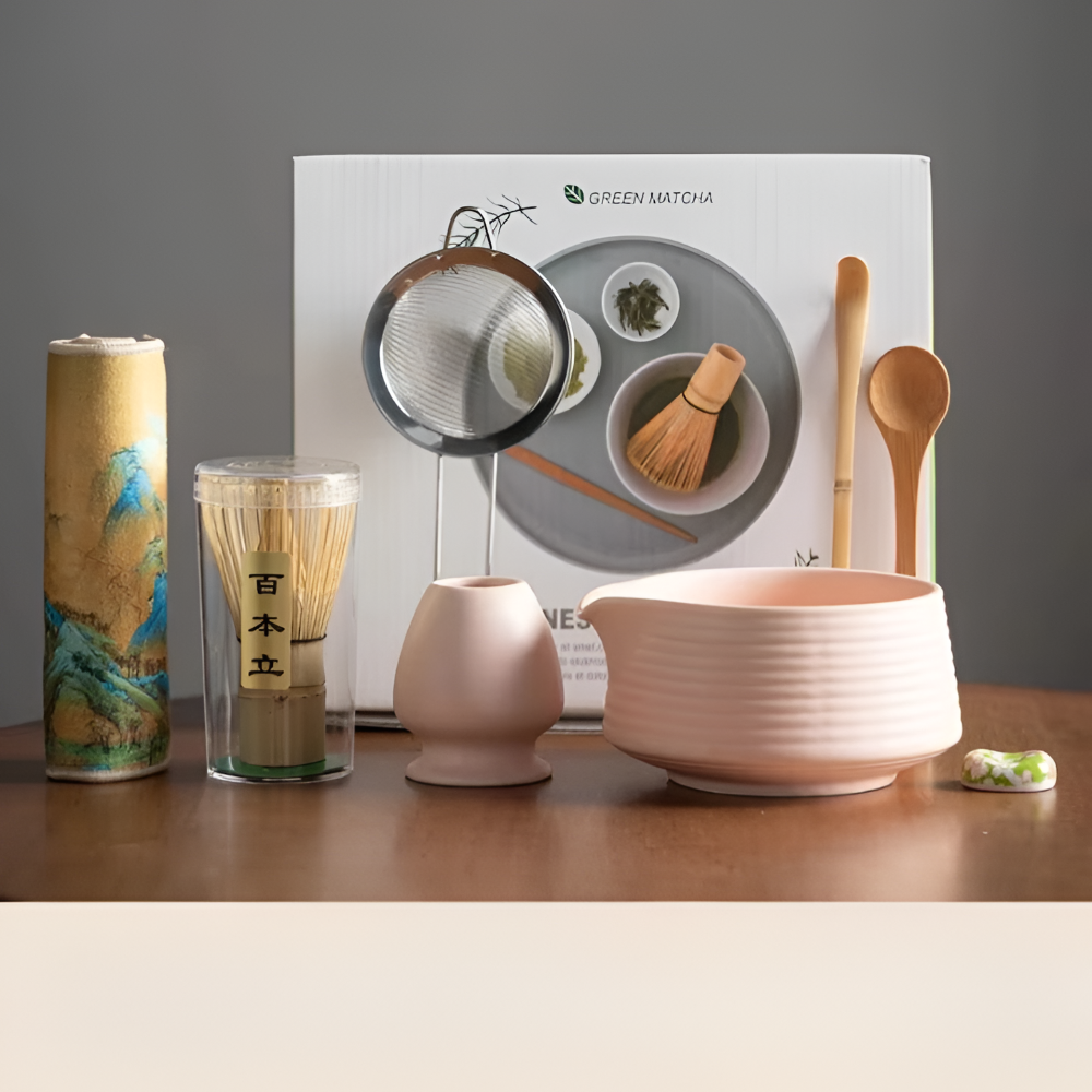 Matcha Tea Ceremony Set 8-Piece Ceramic & Bamboo 500ml Bowl with Whisk Sieve Spoons Tea Towel Holders Authentic | Sansoti