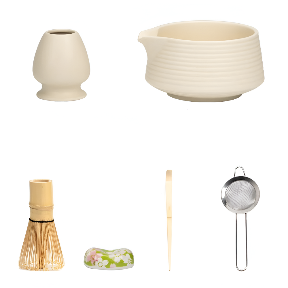 Matcha Tea Ceremony Set 8-Piece Ceramic & Bamboo 500ml Bowl with Whisk Sieve Spoons Tea Towel Holders Authentic | Sansoti