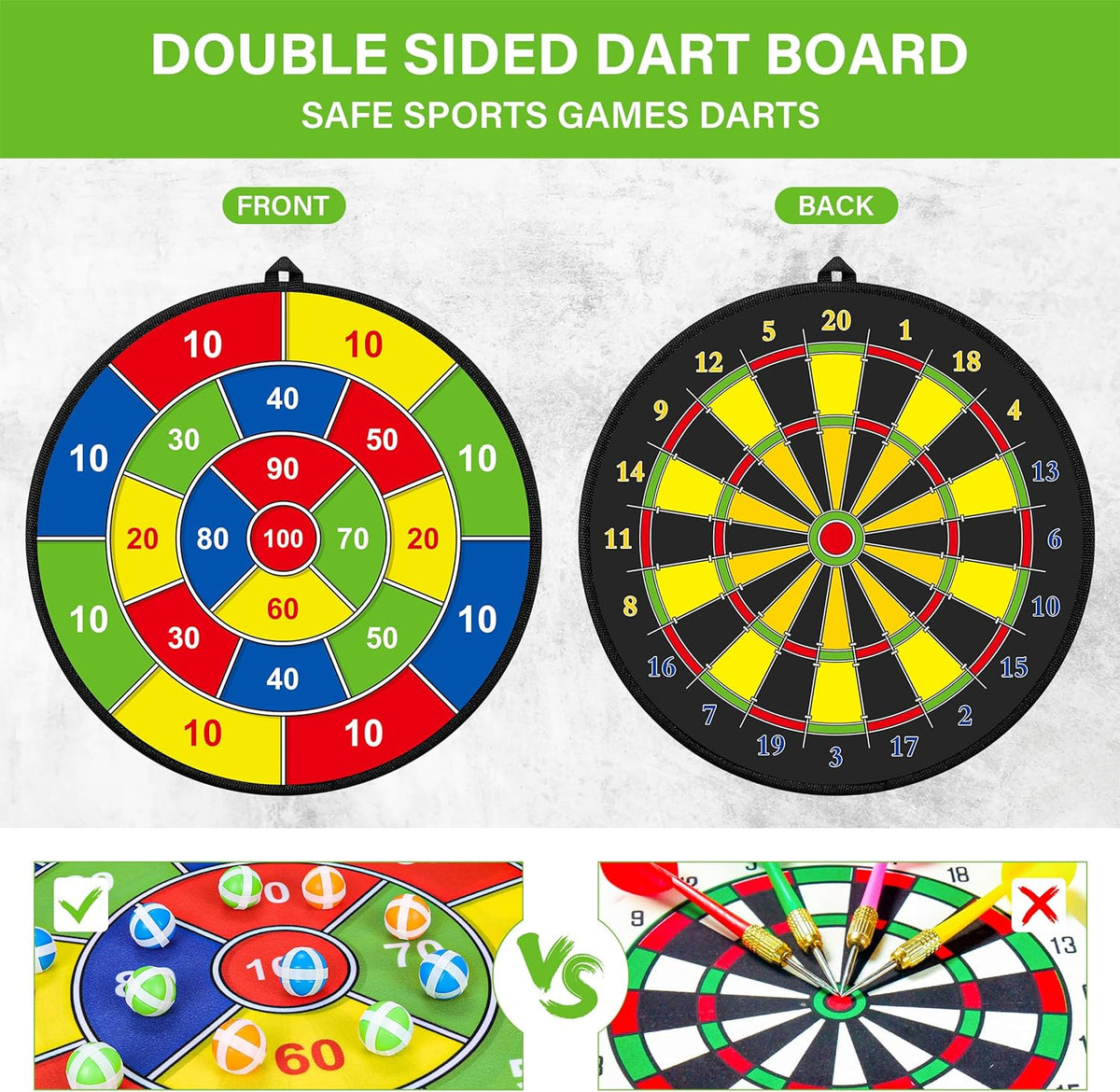 Großes doppelseitiges Dartboard für Kinder mit 12 Klettbällen und 6 Klettpfeilen für aktiven Spielspaß drinnen und draußen 74 cm | Sansoti
