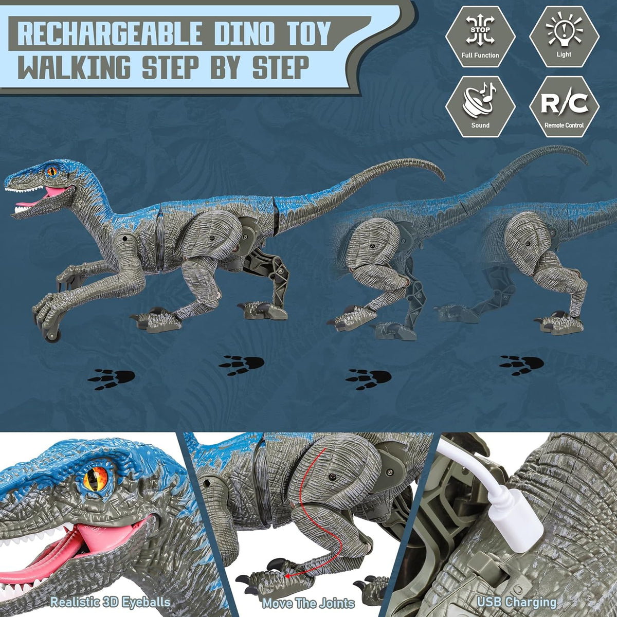 Remote-Controlled Dinosaur Robot Velociraptor with Remote Control, 45cm, Gray Yellow, Toy for Children | Sansoti