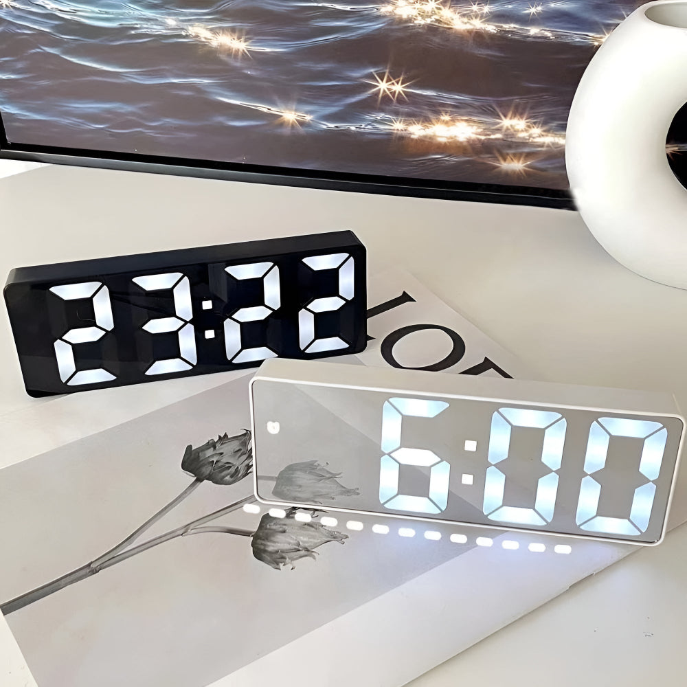 Cyfrowy lustrzany budzik LED z datą i temperaturą — minimalistyczny design do sypialni i biura | Sansoti