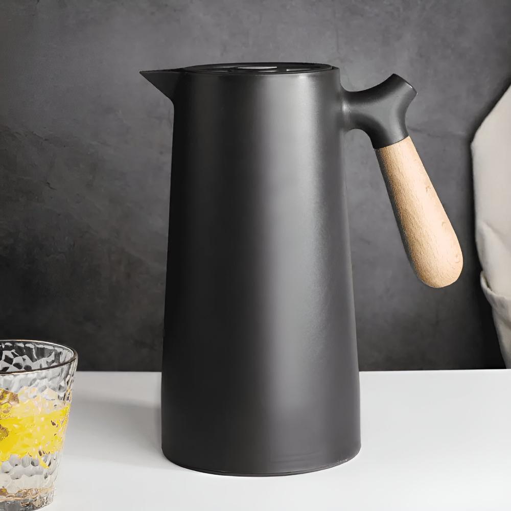 Isolierte Karaffe 1 Liter Holzgriff Doppelwandig Kaffeekaraffe Thermos Skandinavisches Design Grün Weiß Schwarz Rot Braun | Sansoti