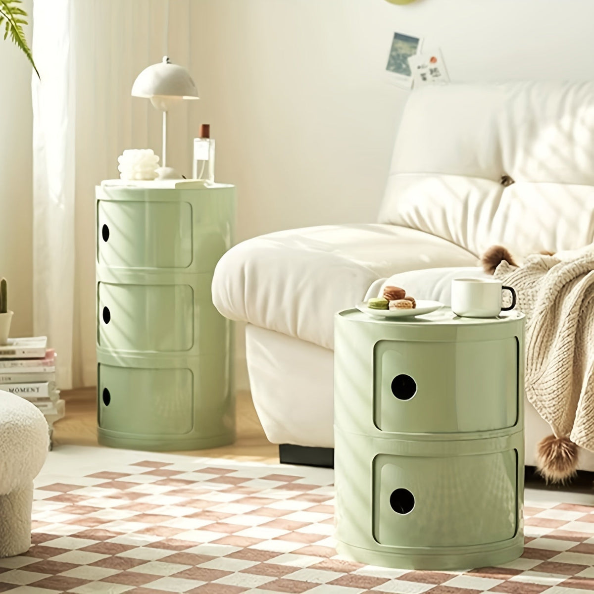 Round Multi-Tier Storage Cabinet White Bedside Table Plastic Stackable Modular Small Cabinet Bedroom Side Table | Sansoti