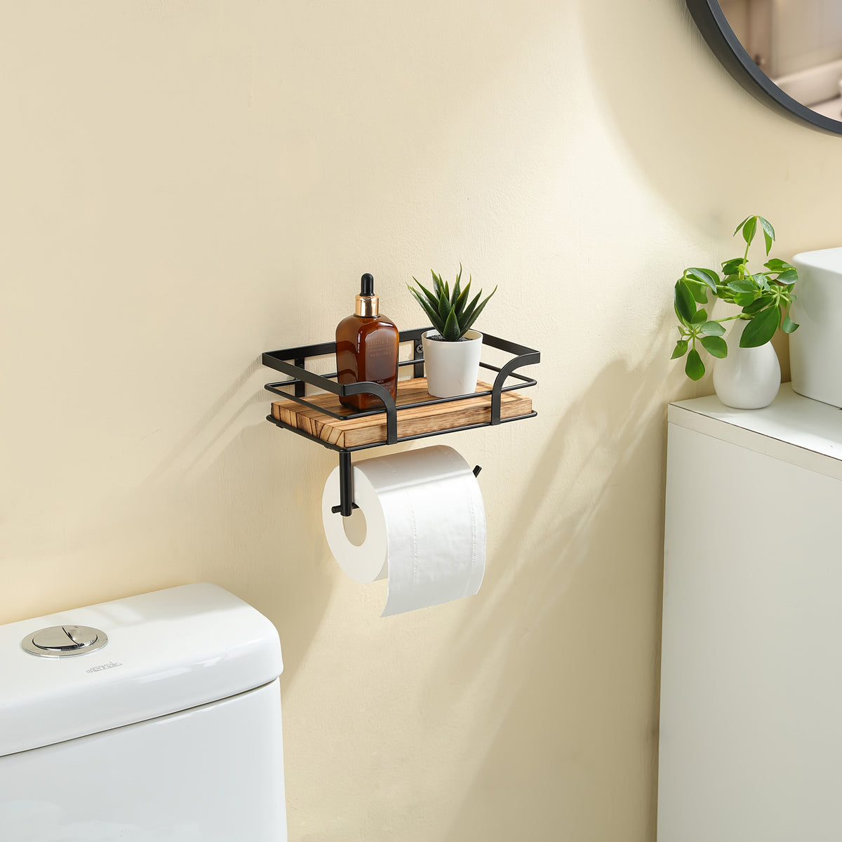 Wandplank Badkamer Smeedijzer Hout met Toiletrolhouder 20cm Zwart Toilet Opberger Wc Rek Muurplank | Sansoti