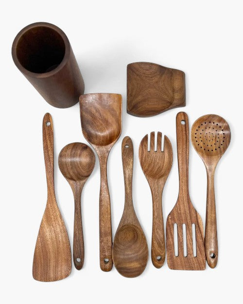 Teakholz Küchenutensilien Set | Nachhaltiges Holzbesteck für den täglichen Gebrauch | Schonend für Pfannen | Elegantes Küchenaccessoire | Umweltfreundlich | Sansoti