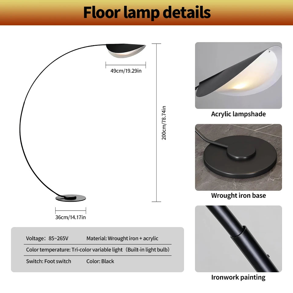 Arc Floor Lamp Leaf Shape Black 3-Color Dimmable Acrylic | Sansoti
