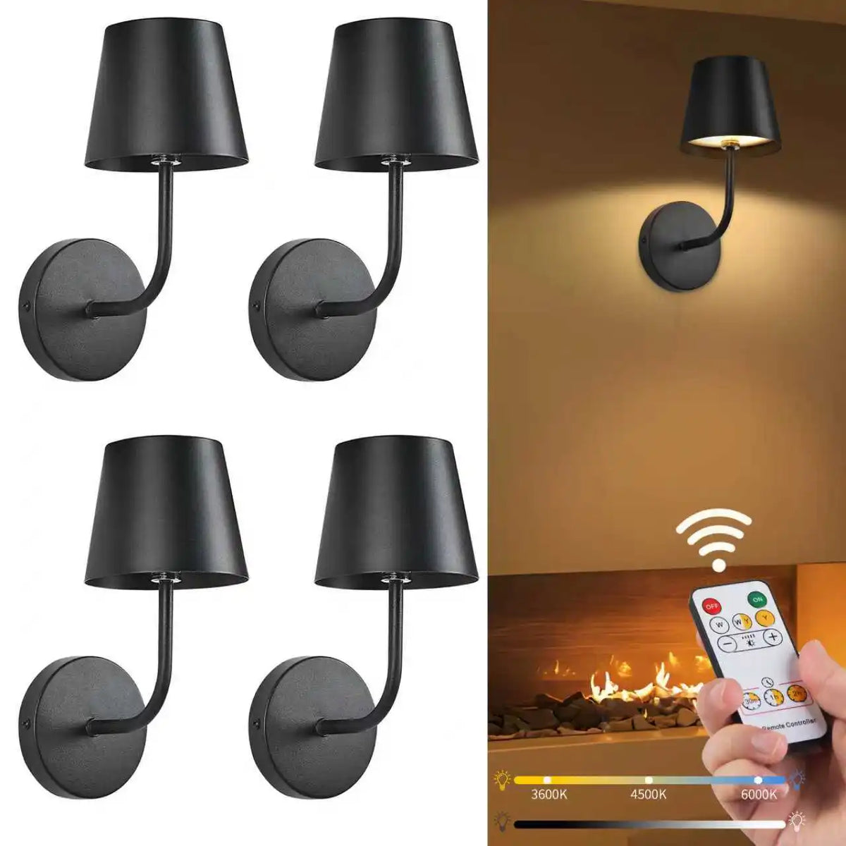 Wireless LED Wall Lamps Set of 2 Dimmable with Remote Control Rechargeable Aluminum Modern Lighting | Sansoti