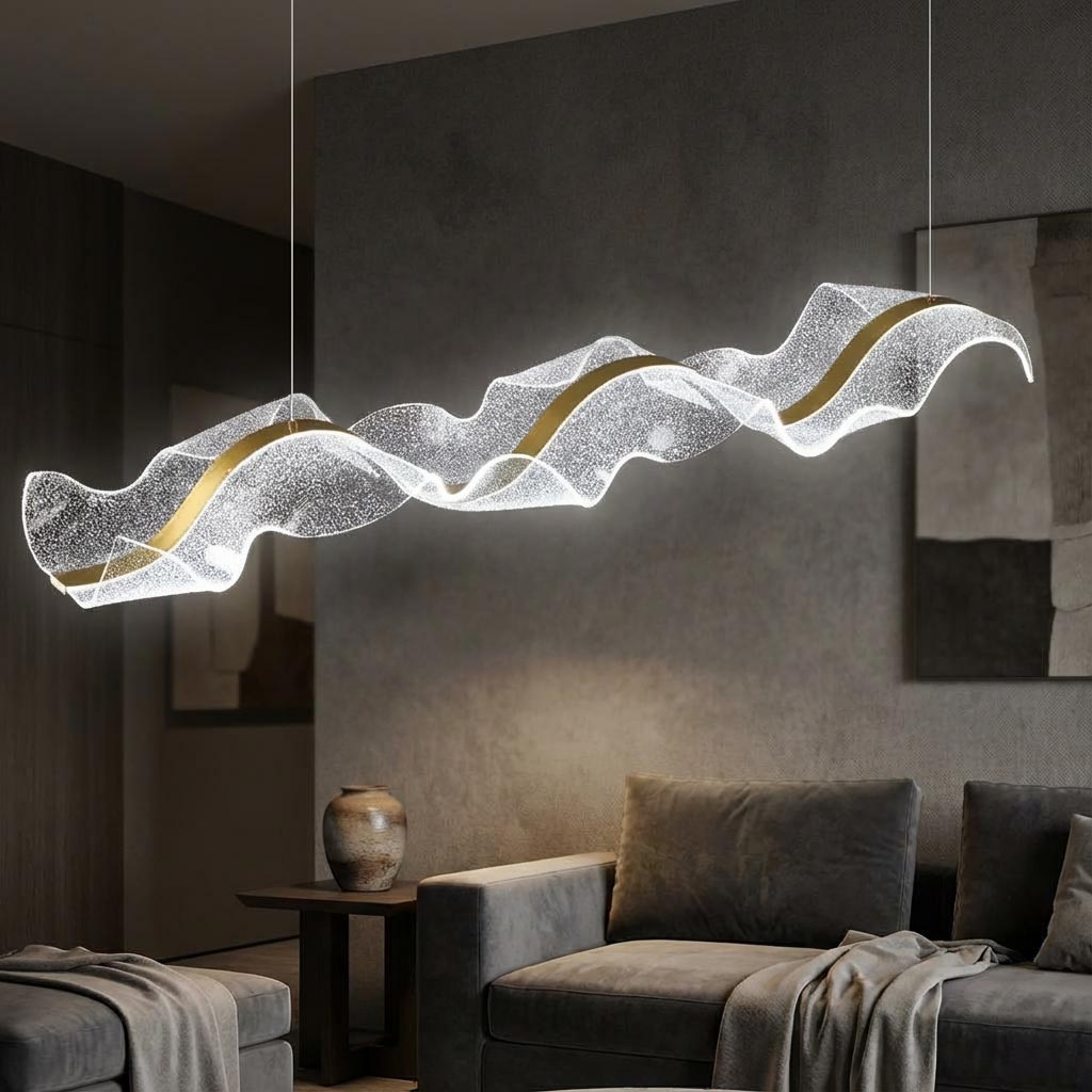 Lustre en acrylique en forme de ruban ondulé doré, LED à intensité variable, 100-220 cm, pour salle à manger et salon, design moderne luxueux | Sansoti