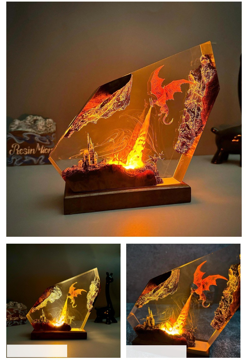 Dragon Table Lamp with Fire Effect Resin LED Lighting Fantasy Mood Decorative Night Light Gothic Living Room | Sansoti