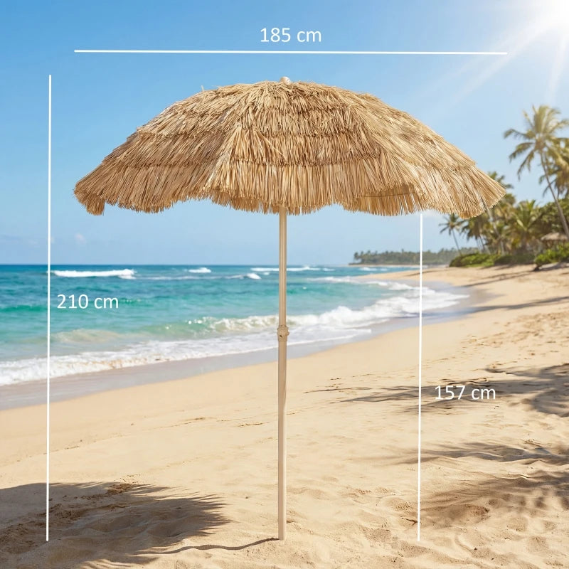 Parasol Sunshade Ø 185 cm Adjustable with Tropical Raffia Fringe Khaki for Garden Patio Beach and Balcony | Sansoti