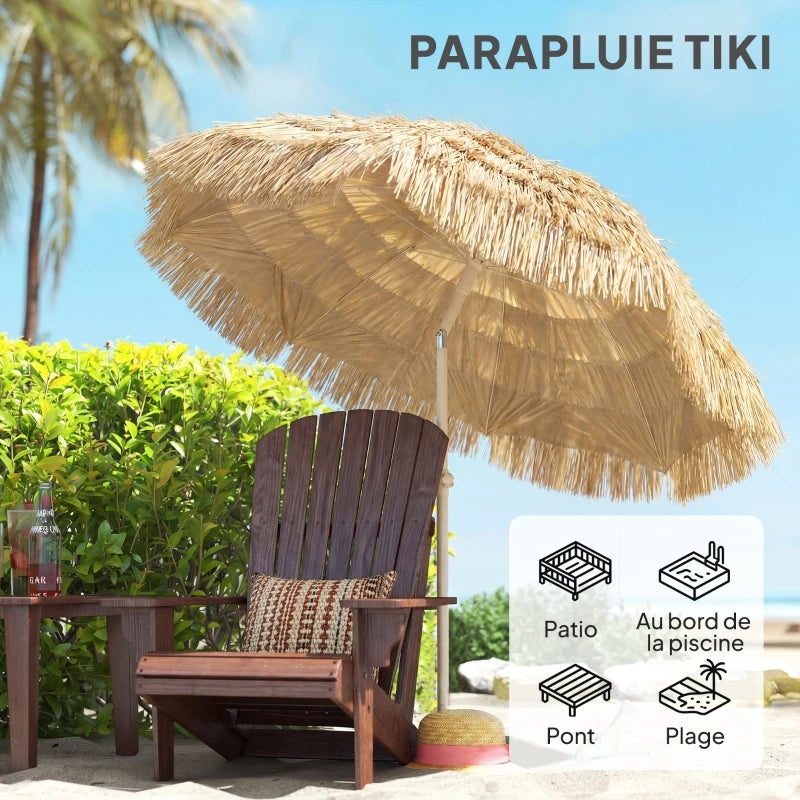 Parasol Sunshade Ø 185 cm Adjustable with Tropical Raffia Fringe Khaki for Garden Patio Beach and Balcony | Sansoti