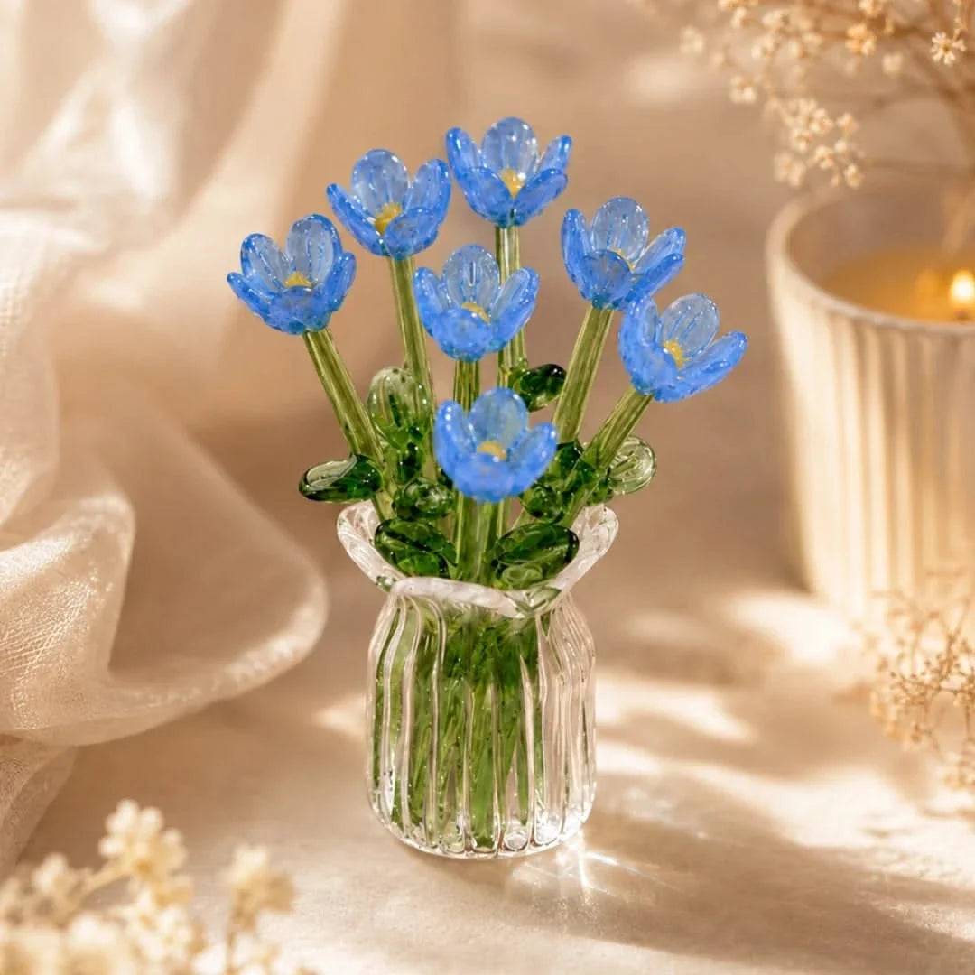 Glass Flower Bouquet with Miniature Vase 7-Piece Handmade Decorative Art Glass Living Room Table Room Decor | Sansoti