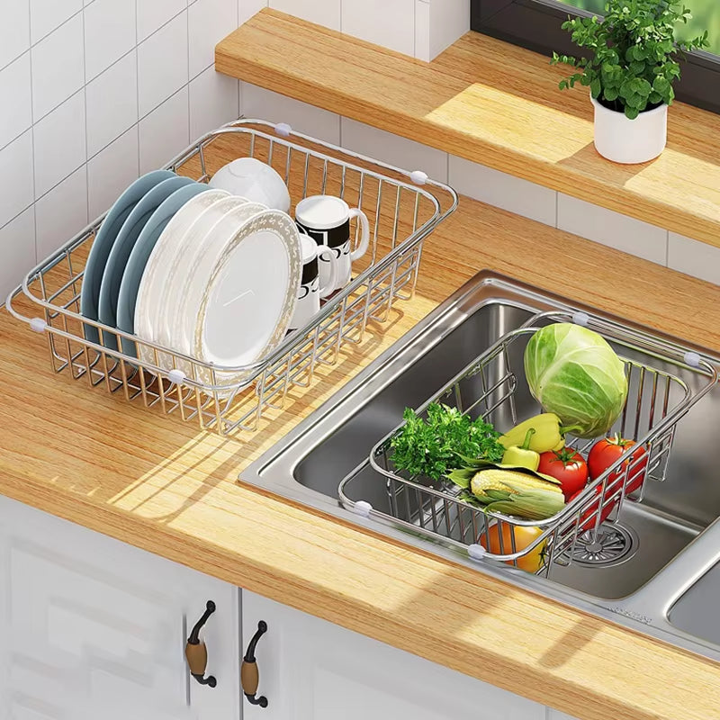 Extendable Draining Rack Stainless Steel Sink 34-55 cm Adjustable Kitchen Organizer Vegetable Washing Dish Draining Basin | Sansoti
