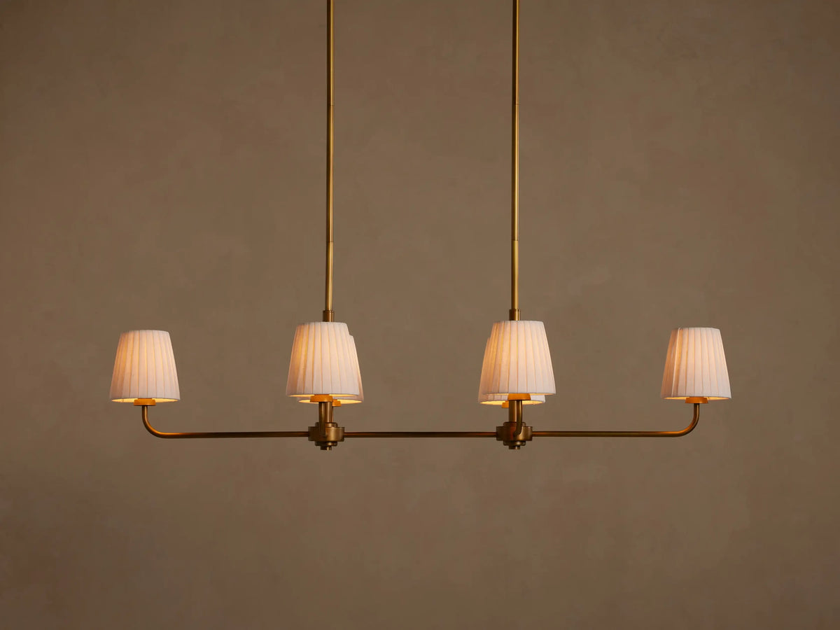Linear Chandelier 6 Lights Brass Finish Pleated Shade Dining Room Bedroom Living Room Pendant Light | Sansoti