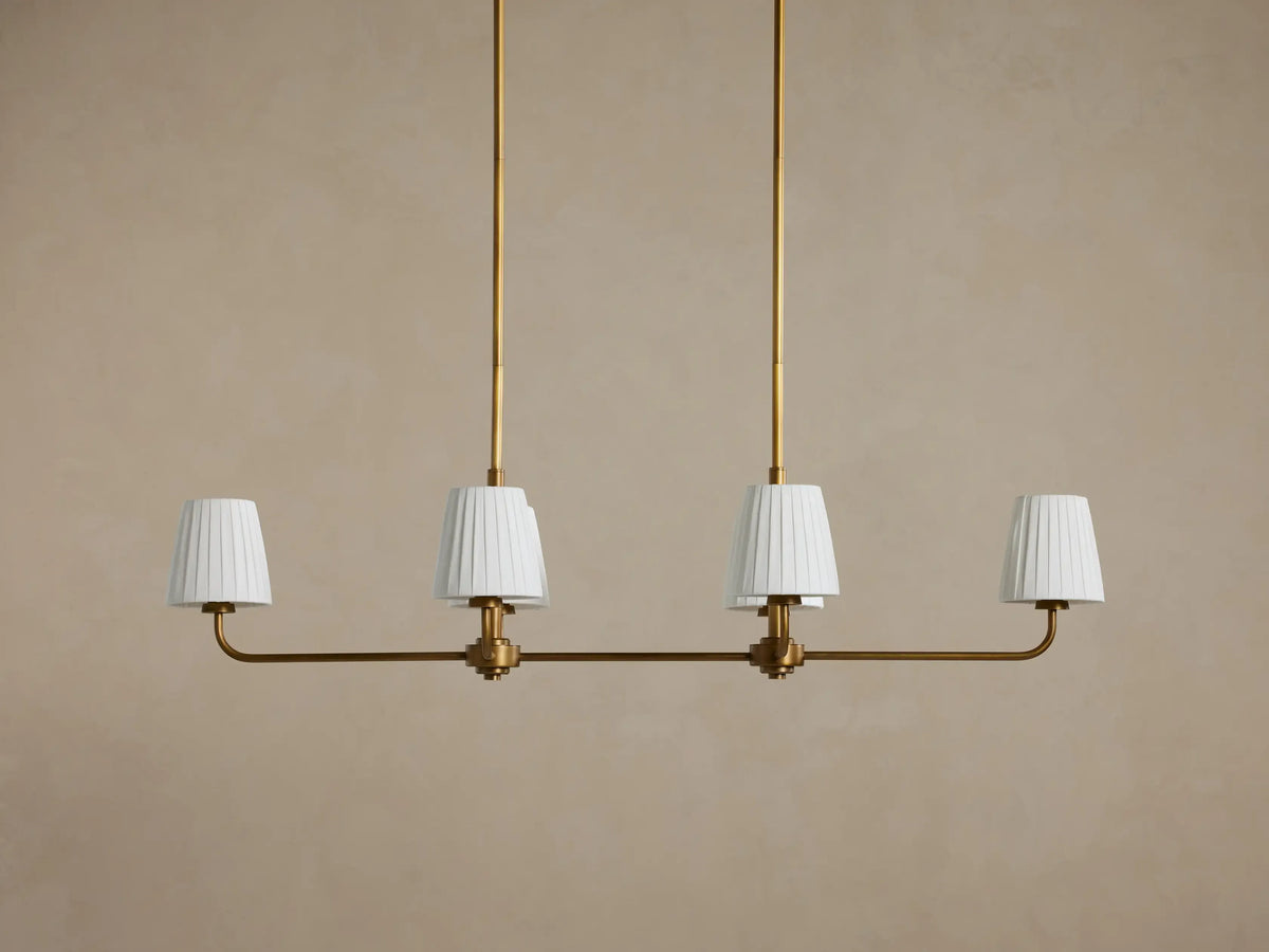 Linear Chandelier 6 Lights Brass Finish Pleated Shade Dining Room Bedroom Living Room Pendant Light | Sansoti