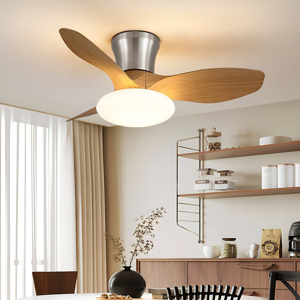 Moderner Design Deckenventilator mit LED-Beleuchtung | Holzflügel | Sansoti