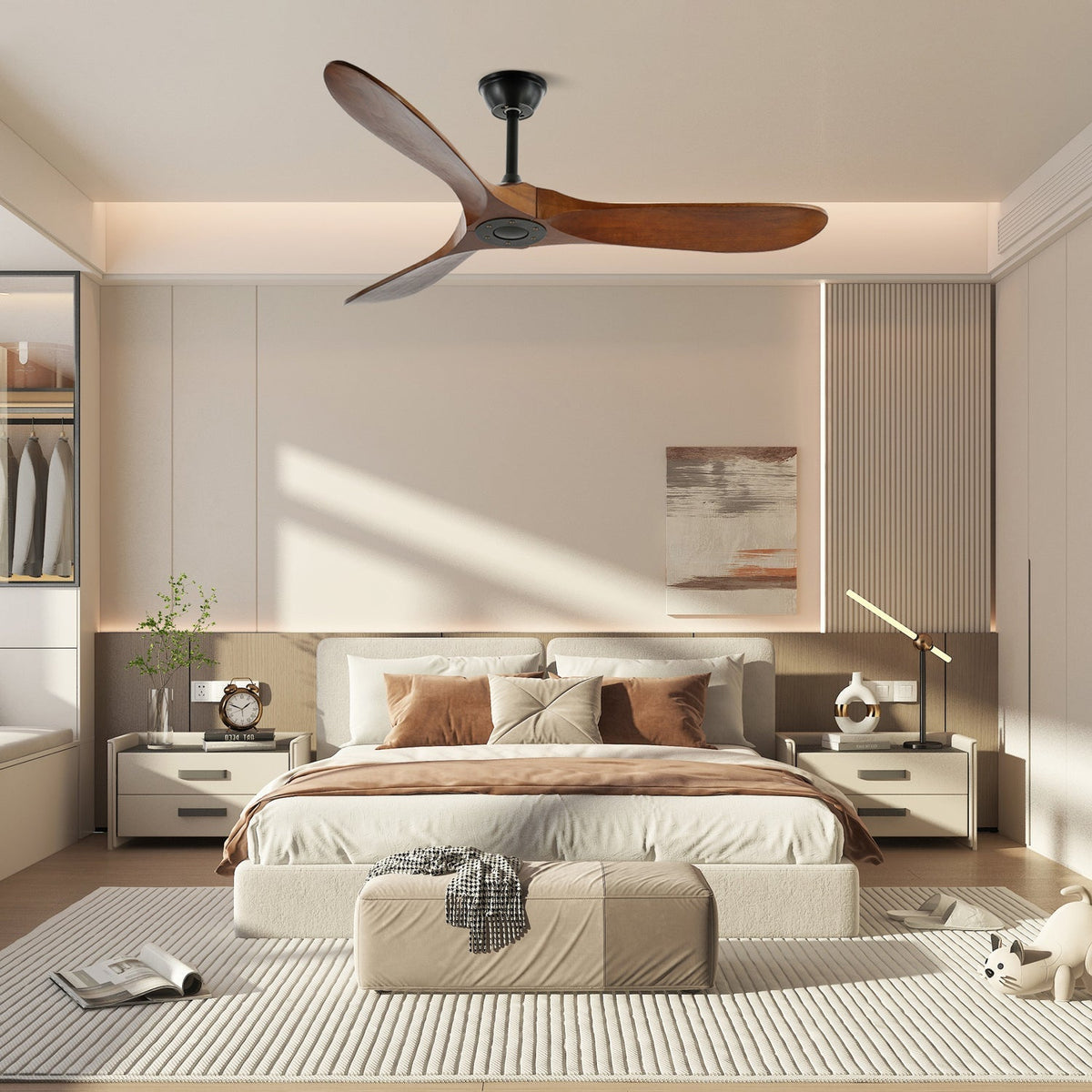 Deckenventilator Holz Walnuss ∅106/132cm 6 Geschwindigkeiten Leiser Motor Verstellbare Aufhängehöhe Wohnzimmer | Sansoti