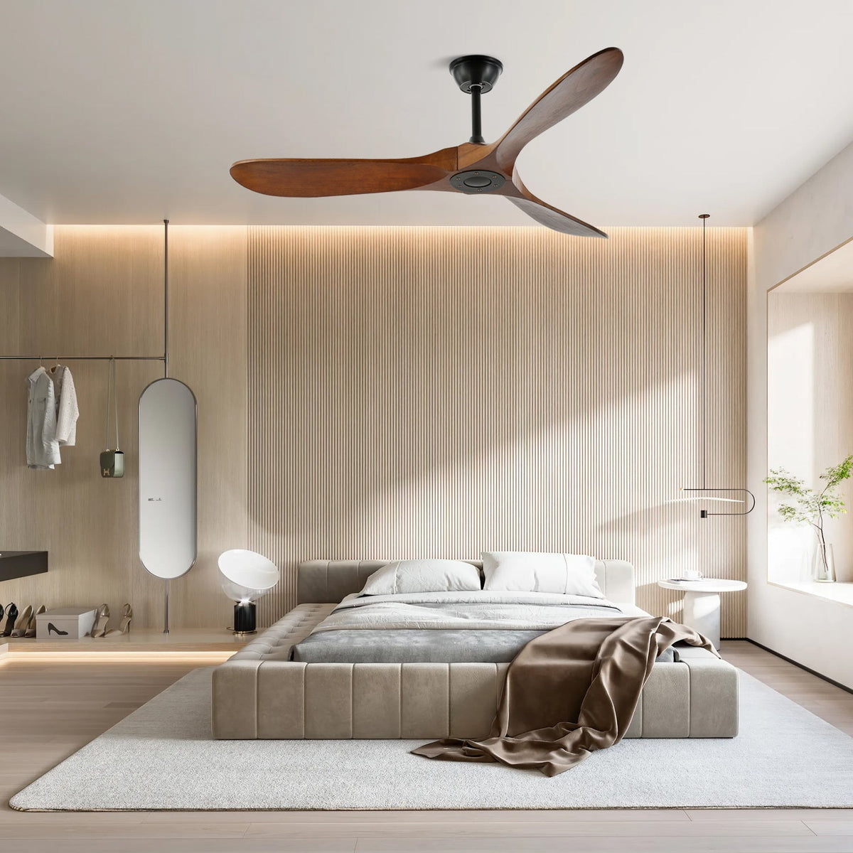 Deckenventilator Holz Walnuss ∅106/132cm 6 Geschwindigkeiten Leiser Motor Verstellbare Aufhängehöhe Wohnzimmer | Sansoti