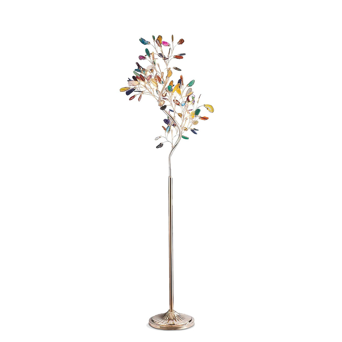 Lampa podłogowa z agatu – rzeźba w kształcie drzewa z 8 lampami i kamieniem naturalnym, 175 cm, miedziane wykończenie, efekt witrażu, bursztynowy, niebieski, zielony, różowy, fioletowy, wielokolorowy element dekoracyjny | Sansoti