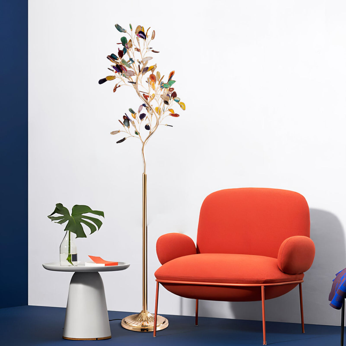 Lampa podłogowa z agatu – rzeźba w kształcie drzewa z 8 lampami i kamieniem naturalnym, 175 cm, miedziane wykończenie, efekt witrażu, bursztynowy, niebieski, zielony, różowy, fioletowy, wielokolorowy element dekoracyjny | Sansoti