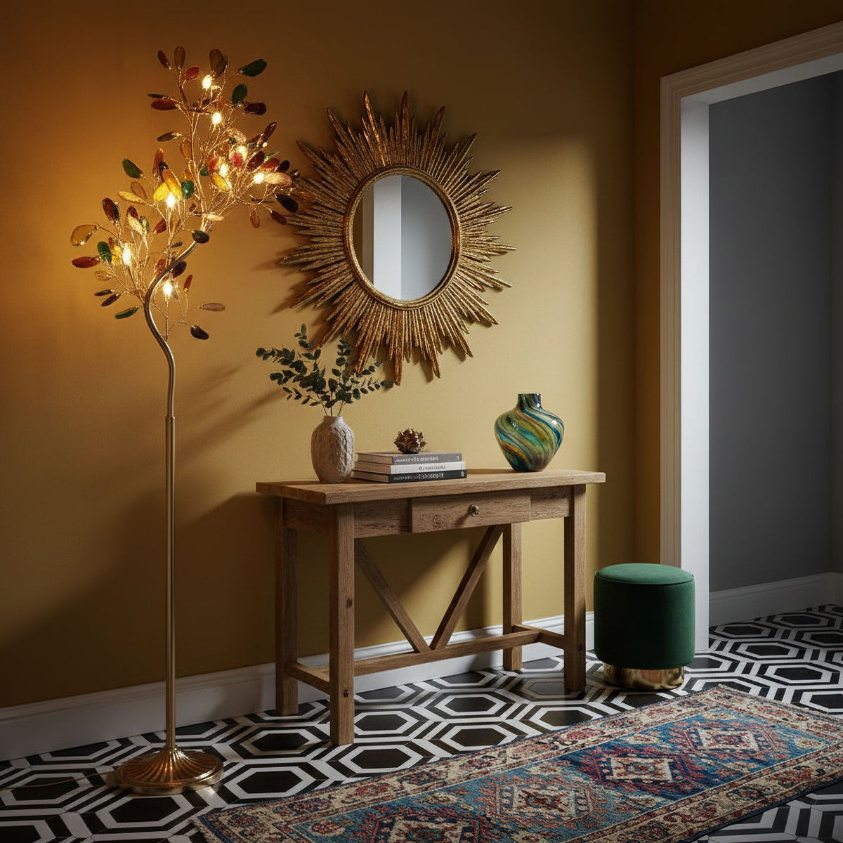 Lampa podłogowa z agatu – rzeźba w kształcie drzewa z 8 lampami i kamieniem naturalnym, 175 cm, miedziane wykończenie, efekt witrażu, bursztynowy, niebieski, zielony, różowy, fioletowy, wielokolorowy element dekoracyjny | Sansoti