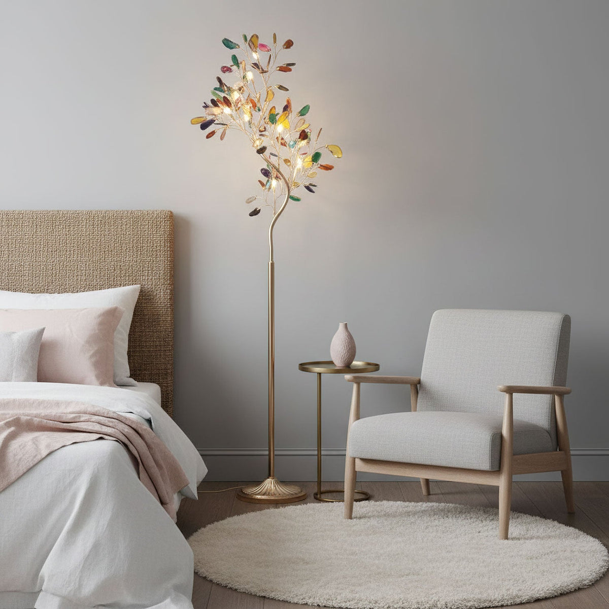 Lampa podłogowa z agatu – rzeźba w kształcie drzewa z 8 lampami i kamieniem naturalnym, 175 cm, miedziane wykończenie, efekt witrażu, bursztynowy, niebieski, zielony, różowy, fioletowy, wielokolorowy element dekoracyjny | Sansoti