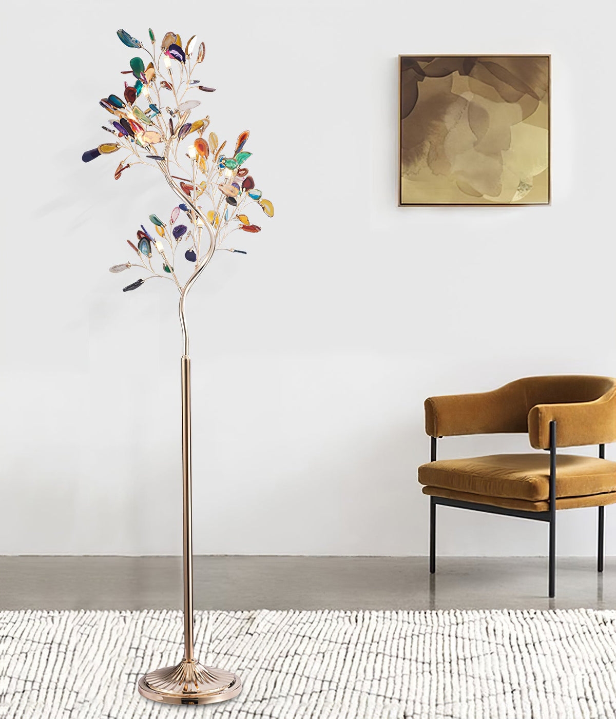 Lampa podłogowa z agatu – rzeźba w kształcie drzewa z 8 lampami i kamieniem naturalnym, 175 cm, miedziane wykończenie, efekt witrażu, bursztynowy, niebieski, zielony, różowy, fioletowy, wielokolorowy element dekoracyjny | Sansoti