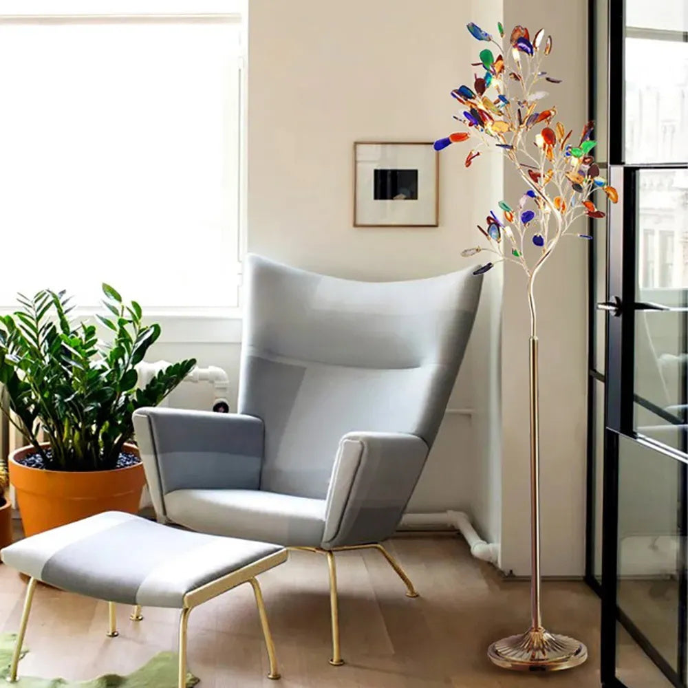 Lampa podłogowa z agatu – rzeźba w kształcie drzewa z 8 lampami i kamieniem naturalnym, 175 cm, miedziane wykończenie, efekt witrażu, bursztynowy, niebieski, zielony, różowy, fioletowy, wielokolorowy element dekoracyjny | Sansoti