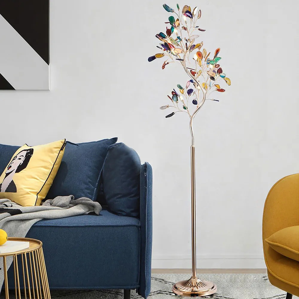 Lampa podłogowa z agatu – rzeźba w kształcie drzewa z 8 lampami i kamieniem naturalnym, 175 cm, miedziane wykończenie, efekt witrażu, bursztynowy, niebieski, zielony, różowy, fioletowy, wielokolorowy element dekoracyjny | Sansoti