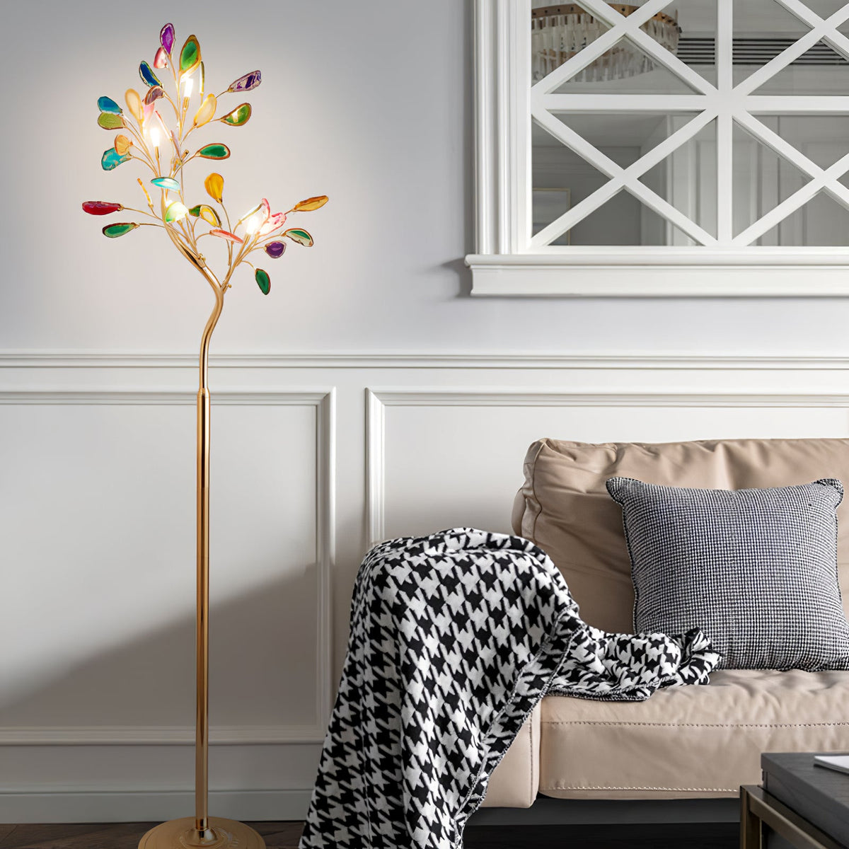 Lampa podłogowa z agatu – rzeźba w kształcie drzewa z 8 lampami i kamieniem naturalnym, 175 cm, miedziane wykończenie, efekt witrażu, bursztynowy, niebieski, zielony, różowy, fioletowy, wielokolorowy element dekoracyjny | Sansoti