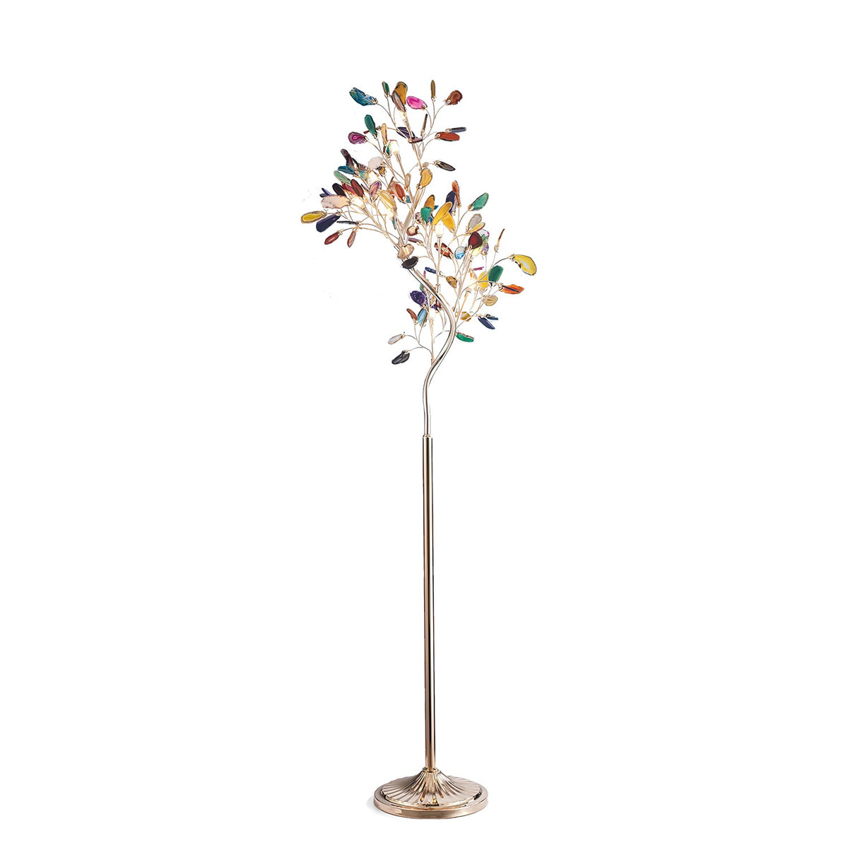 Lampa podłogowa z agatu – rzeźba w kształcie drzewa z 8 lampami i kamieniem naturalnym, 175 cm, miedziane wykończenie, efekt witrażu, bursztynowy, niebieski, zielony, różowy, fioletowy, wielokolorowy element dekoracyjny | Sansoti