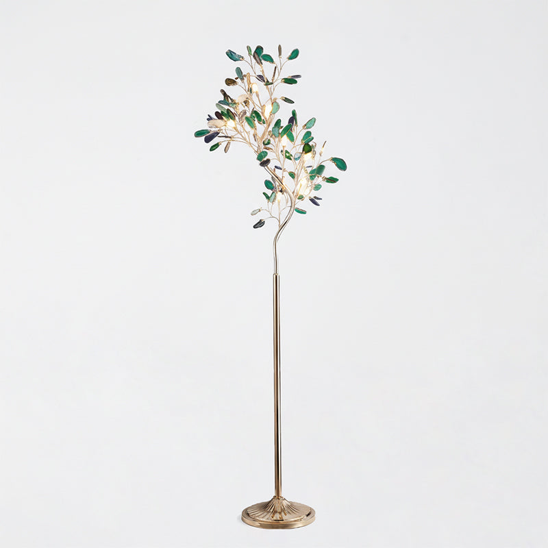 Lampa podłogowa z agatu – rzeźba w kształcie drzewa z 8 lampami i kamieniem naturalnym, 175 cm, miedziane wykończenie, efekt witrażu, bursztynowy, niebieski, zielony, różowy, fioletowy, wielokolorowy element dekoracyjny | Sansoti